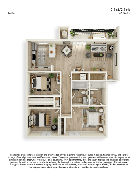Reveal 3D Floor Plan 3 Bed 2 Bath 1192sf